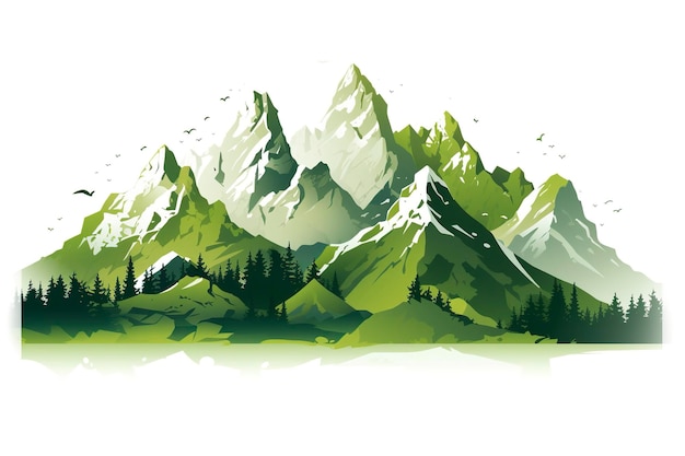 Cadenas montañosas verdes sobre fondo blanco AI Generativo