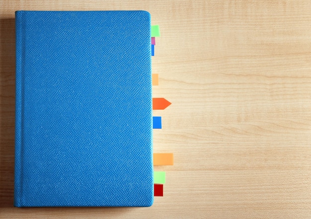 Foto caderno azul com marcadores na mesa de madeira