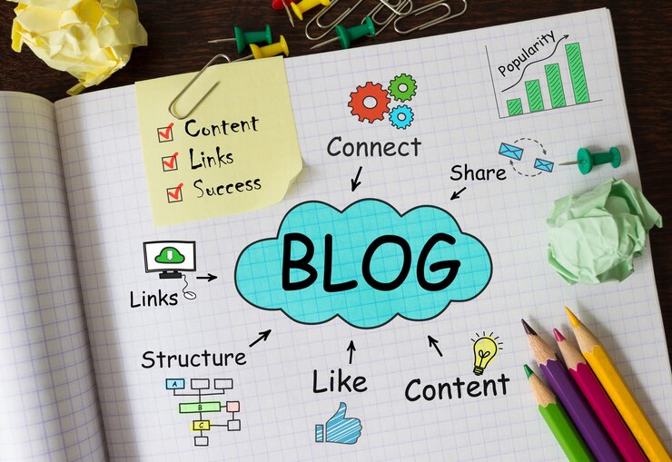 Foto caderno com ferramentas e notas sobre o blog, conceito