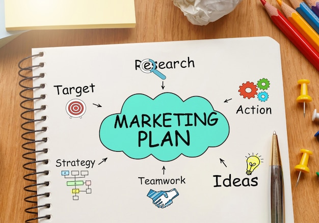 Caderno com ferramentas e notas sobre o plano de marketing