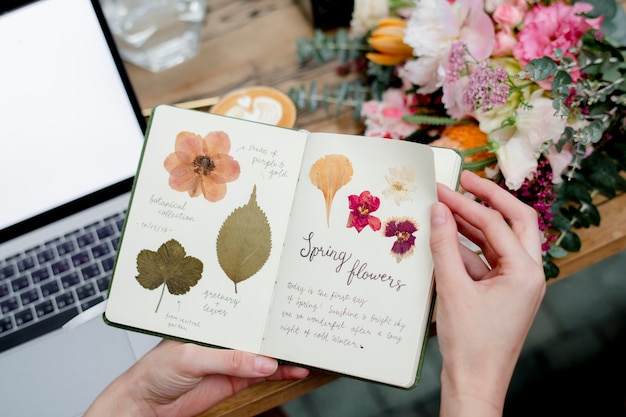 Caderno com folhas e flores prensadas