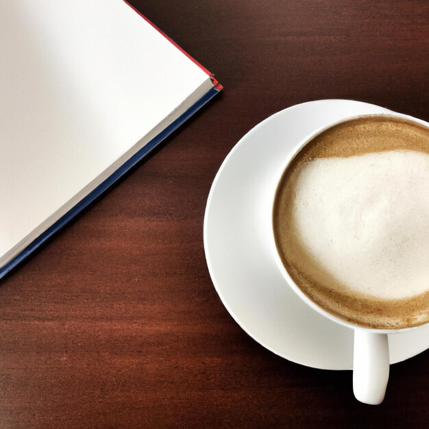 Caderno de imagem de maquete e xícara de café na mesa