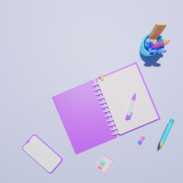 Foto caderno de mesa de ilustração 3 d com ilustração de renderização 3d de bloco de notas de canetas