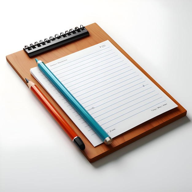 Caderno e lápis em um fundo branco renderização 3D