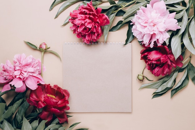 Caderno e moldura de lindas peônias em fundo bege fundo floral de primavera ou verão