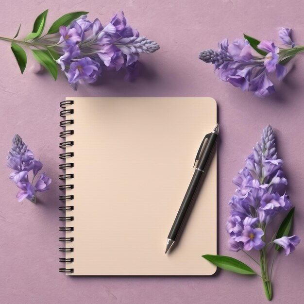Caderno em branco com caneta e flores em fundo escuro