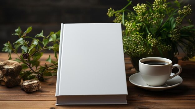 Foto caderno em branco com flores de papel branco em uma mesa de madeira