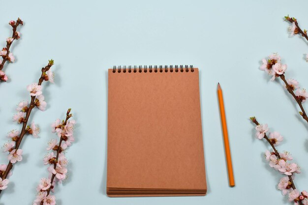Caderno em branco com lápis sobre fundo azul e galhos com flores brancas de damasco Vista superior com espaço para cópia