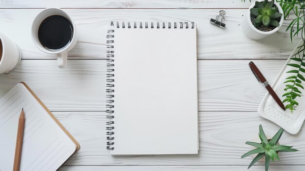 Caderno em branco com uma chávena de café e papelão sobre uma mesa de madeira branca