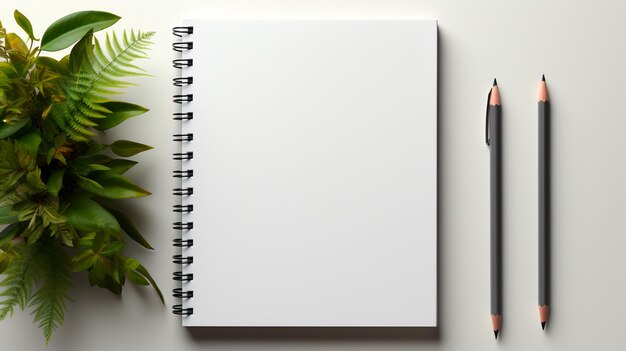caderno em branco e planta com folhas verdes em fundo de madeira preta