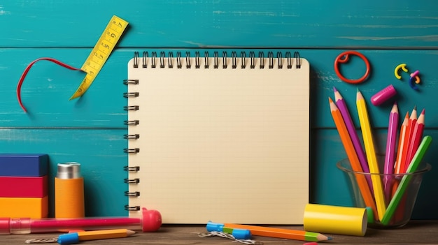 Caderno em branco preparado para a volta à escola na secretária da escola de volta à escola