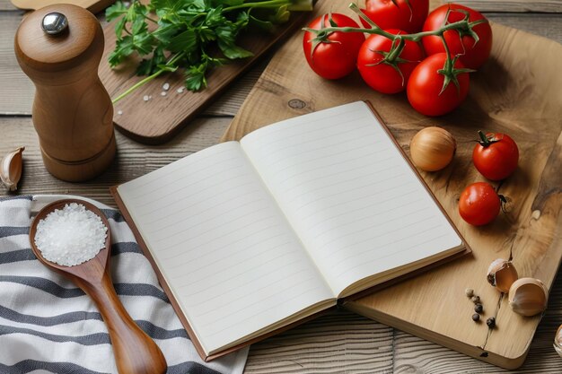 Caderno plano com páginas em branco na cozinha Conceito de caderno de receitas de cozinha