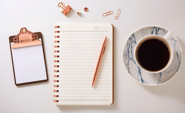 Caderno, prancheta, xícara de café e caneta na mesa