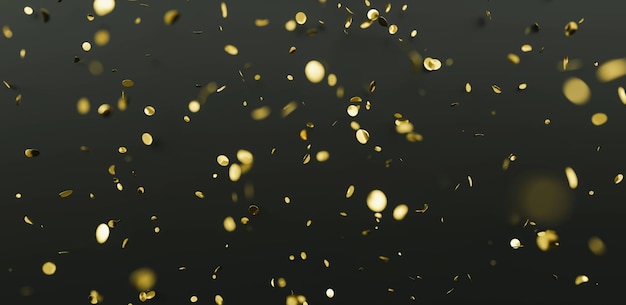 Cae confeti dorado brillante sobre fondo negro Oropel festivo brillante de color dorado