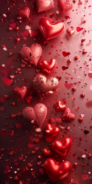 Foto caen globos rojos en forma de corazón y confeti