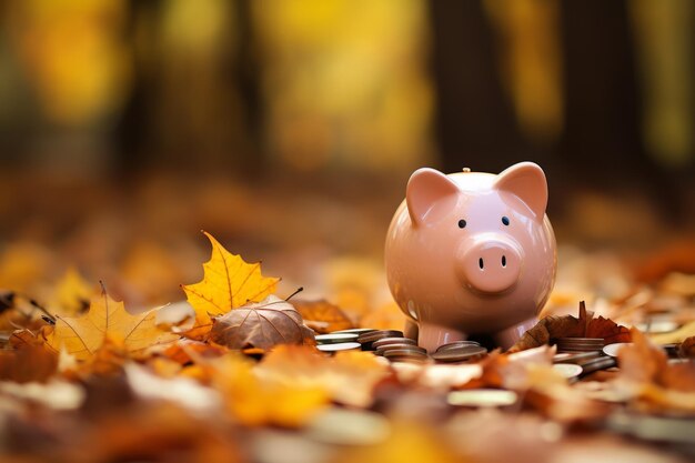 Foto caer en los ahorros de otoño con la alcancía de monedas en hojas coloridas