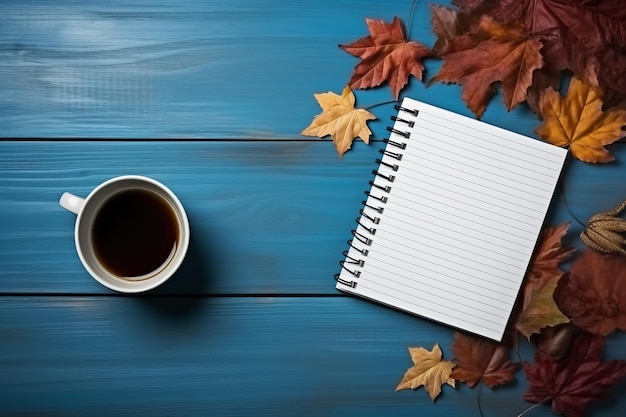 Caer en la creatividad Una composición cautivadora con hojas de otoño cuadernos en blanco y una taza de