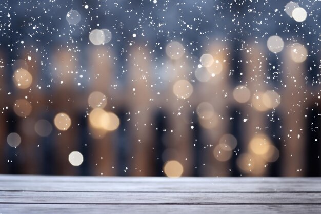 Caer detrás de las escamas de nieve con efecto Bokeh Caer tras una valla de madera en el fondo de invierno