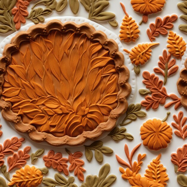 Foto caer por el otoño torta de calabaza bordada hiperrealista en hojas de otoño