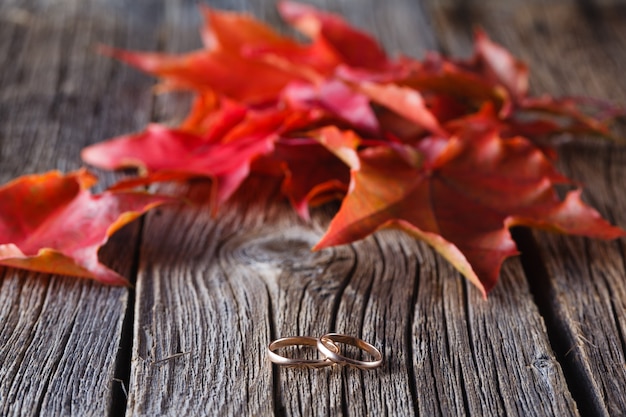 Caer sobre las hojas en la mesa desgastada con anillos de boda