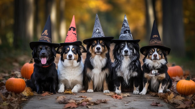 Foto cães adoráveis em trajes de halloween grupo brincalhão de caninos em chapéus de bruxas