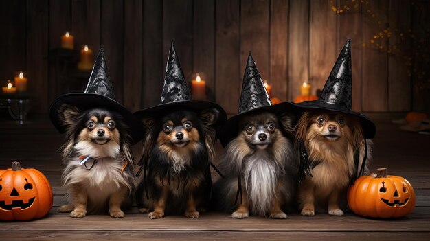 Foto cães adoráveis em trajes de halloween grupo brincalhão de caninos em chapéus de bruxas