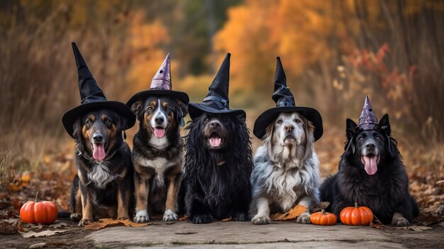 Foto cães adoráveis em trajes de halloween grupo brincalhão de caninos em chapéus de bruxas