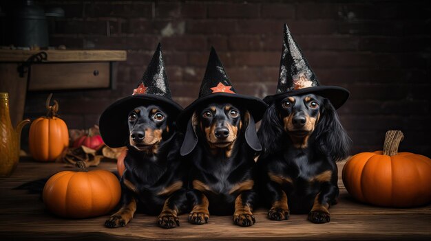 Foto cães adoráveis em trajes de halloween grupo brincalhão de caninos em chapéus de bruxas