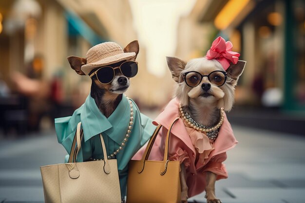 Foto cães antropomórficos parecidos com humanos vestindo roupas com sacos de compras para as férias