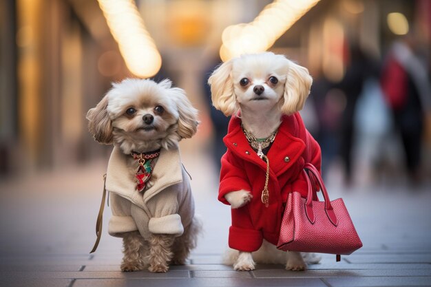 Foto cães antropomórficos parecidos com humanos vestindo roupas com sacos de compras para as férias