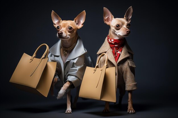 Foto cães antropomórficos semelhantes a humanos vestindo roupas humanas e fazendo compras com sacos