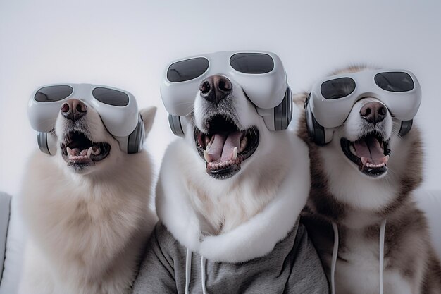 Cães assistindo um filme no sofá com fones de ouvido de realidade virtual VR