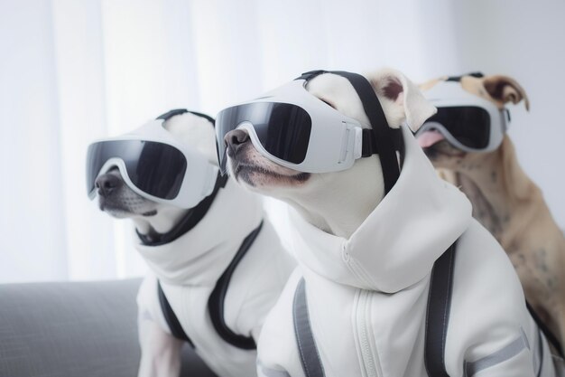 Cães assistindo um filme no sofá com fones de ouvido de realidade virtual VR