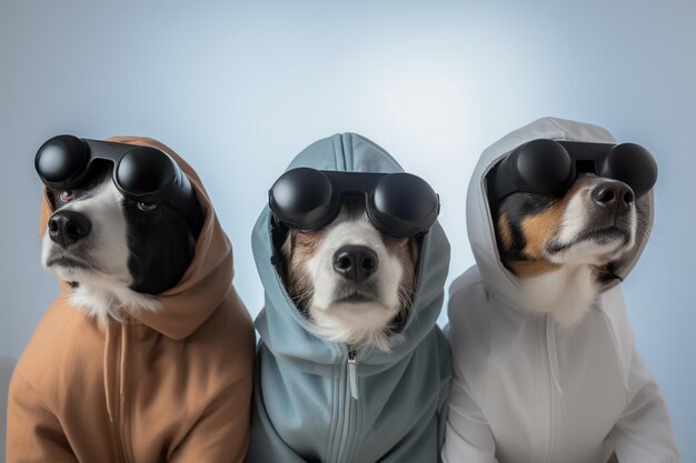 Cães assistindo um filme no sofá com fones de ouvido de realidade virtual VR