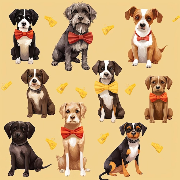 Foto cães bonitos estão usando gravatas em diferentes poses em um fundo amarelo
