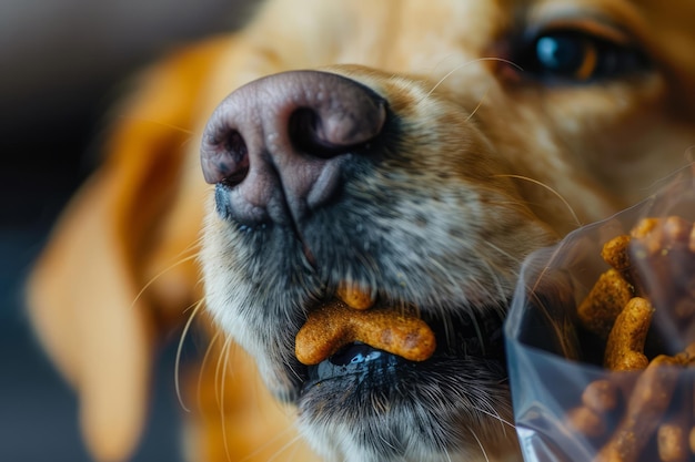 Cães com o nariz fechado cheirando comida seca em um saco de guloseimas IA gerativa