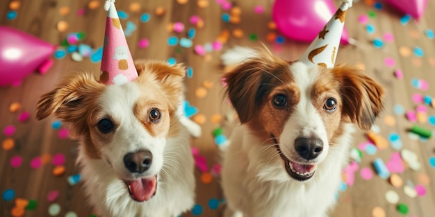 Foto cães comemoram aniversário com bonés na cabeça ai gerativa