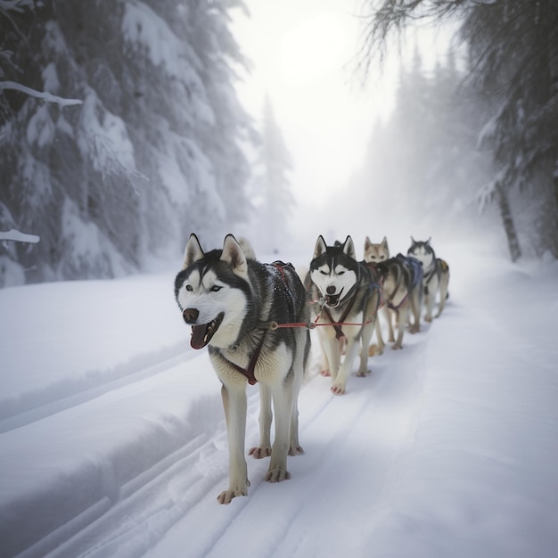 Cães de trenó husky huskies em um arnês na neve closeup incríveis animais de estimação