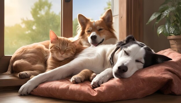 Foto cães e gatos em paz desfrutando de uma soneca de tarde preguiçosa juntos