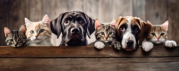 Cães e gatos espreitando sobre o banner de petshop de linha superior de madeira transparente sorriso feliz engraçado Generative AI weber