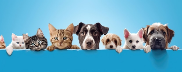 Foto cães e gatos espreitando sobre o banner de petshop de primeira linha azul claro e sólido, sorriso feliz, engraçado generative ai image weber