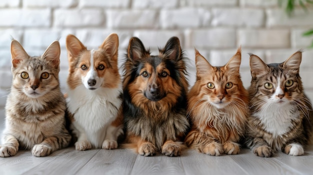 Cães e gatos sentados juntos