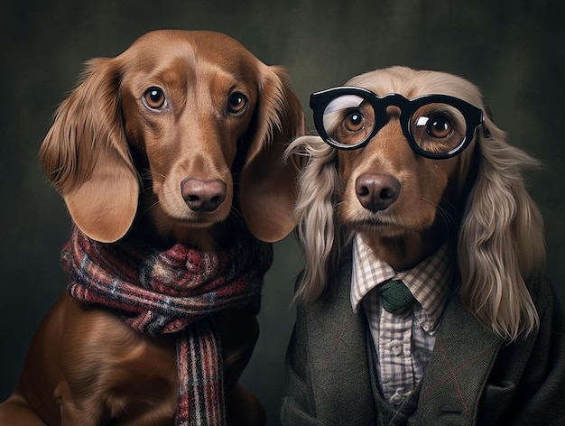 Cães elegantes com óculos de sol brilhantes e coleiras divertidas usando roupas elegantes