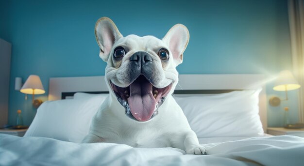 Foto cães em uma cama está sorrindo closeup humorístico