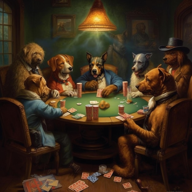 cães jogando cartas em uma sala de pôquer com um cão sentado em uma mesa generativa ai