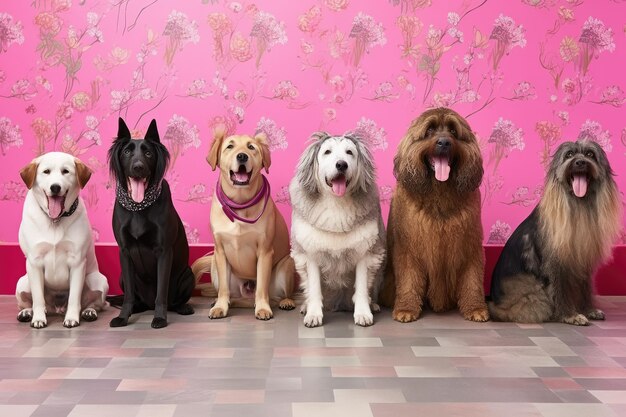 Cães peludos de diferentes raças sentam-se em um fundo rosa