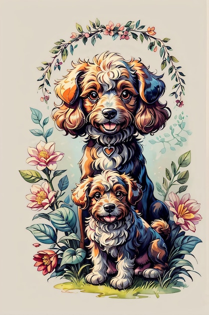 Cães Puddle Fluffy em ilustração de estilo aquarela