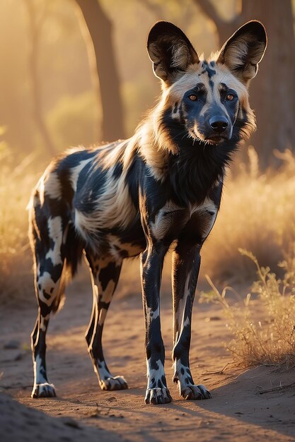 Foto cães selvagens africanos lycaon pictus roaming no brilho da noite ia geradora