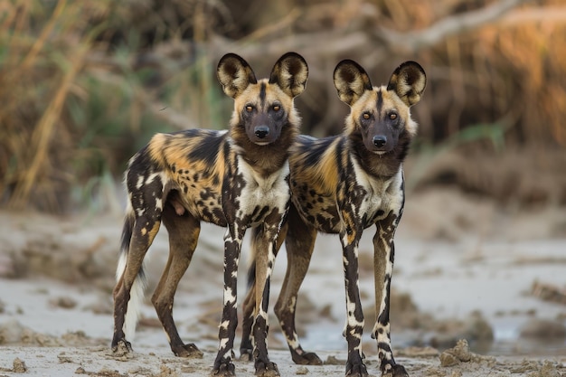 Cães selvagens africanos lycaon pictus roaming no brilho da noite ia geradora