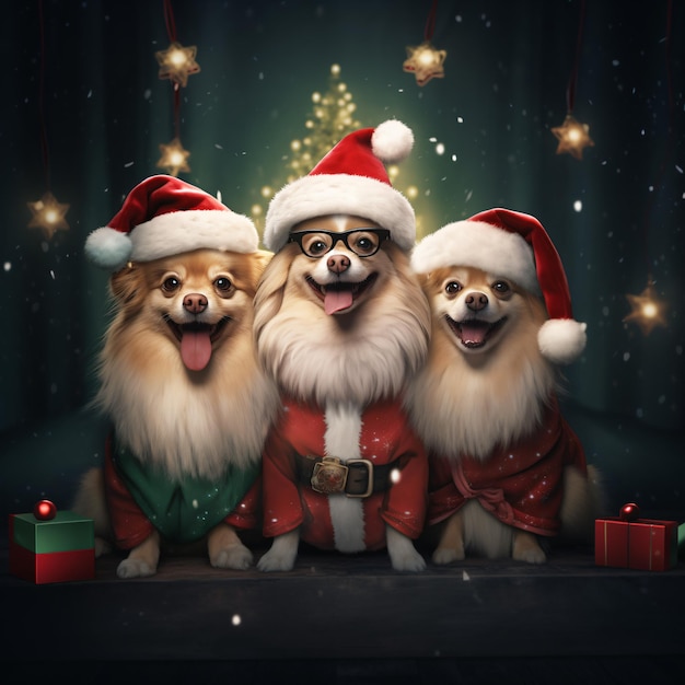 Cães vestidos com fantasias temáticas de Natal se preparam para a festa de Natal